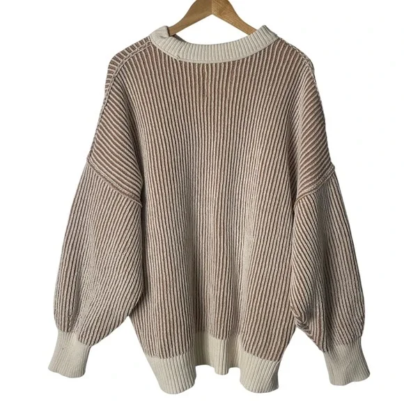 Aerie Chenille Striped Oversized Knit Sweater Pullover Tan Cream XL Chunky - Picture 3 of 8